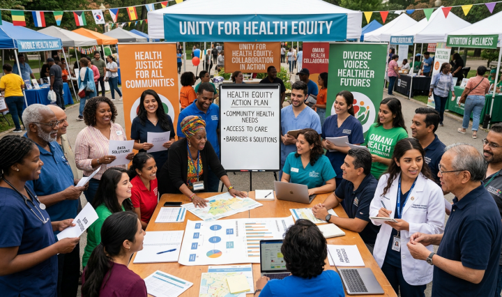 Diverse professionals and community members discussing health equity action plan around table