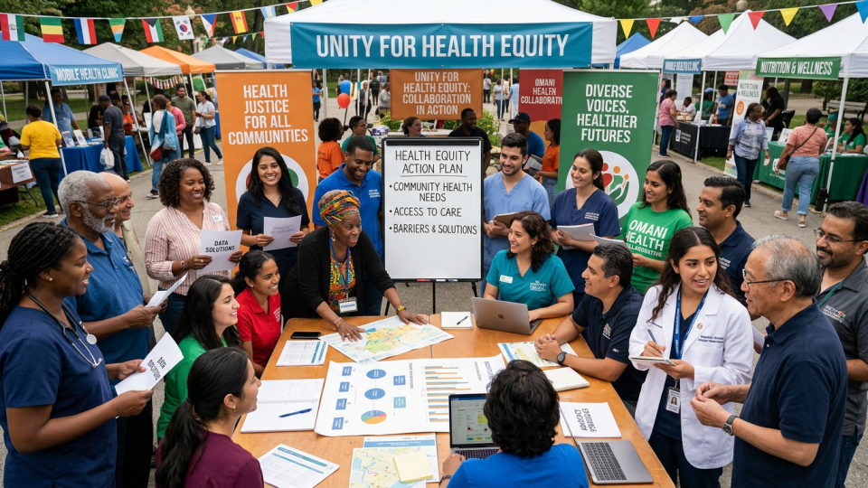 Diverse professionals and community members discussing health equity action plan around table