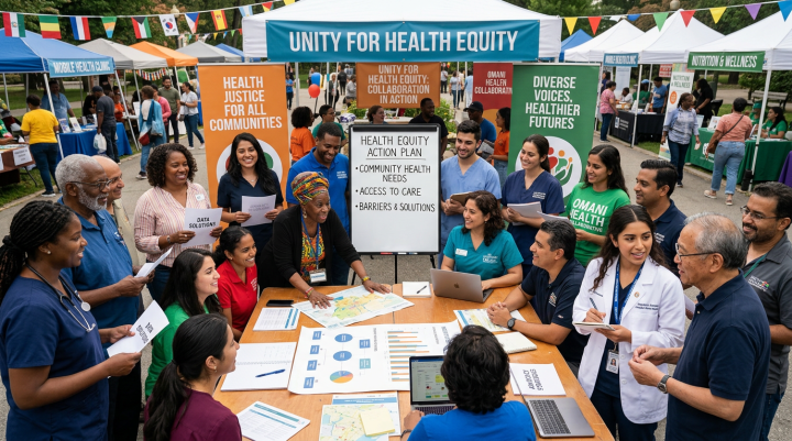 Diverse professionals and community members discussing health equity action plan around table